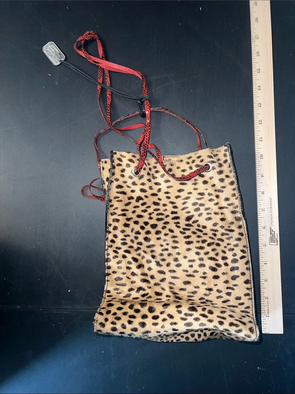 HP Leopard-Print Mini Drawstring Bag with Red Strap